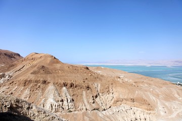View of Dead Sea coastline in Israel from Neve Zohar Observation point