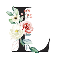 Letter l, alphabet with watercolor flowers roses and leaf. Floral monogram initials perfectly for wedding invitation, greeting card, logo, poster and other. Holiday design hand painting.