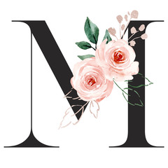 Letter m, alphabet with watercolor flowers roses and leaf. Floral monogram initials perfectly for wedding invitation, greeting card, logo, poster and other. Holiday design hand painting.