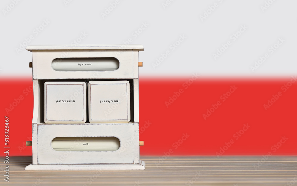 Poster wooden retro calendar with free space for a date on the background of the flag of poland. template f