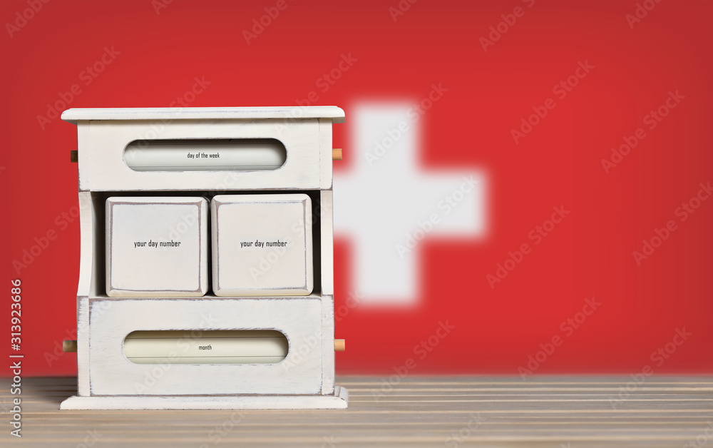 Poster wooden retro calendar with free space for a date on the background of the flag of switzerland. templ
