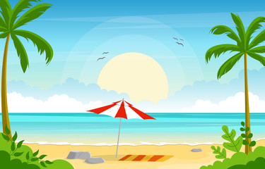 Vacation in Tropical Beach Sea Palm Tree Summer Landscape Illustration