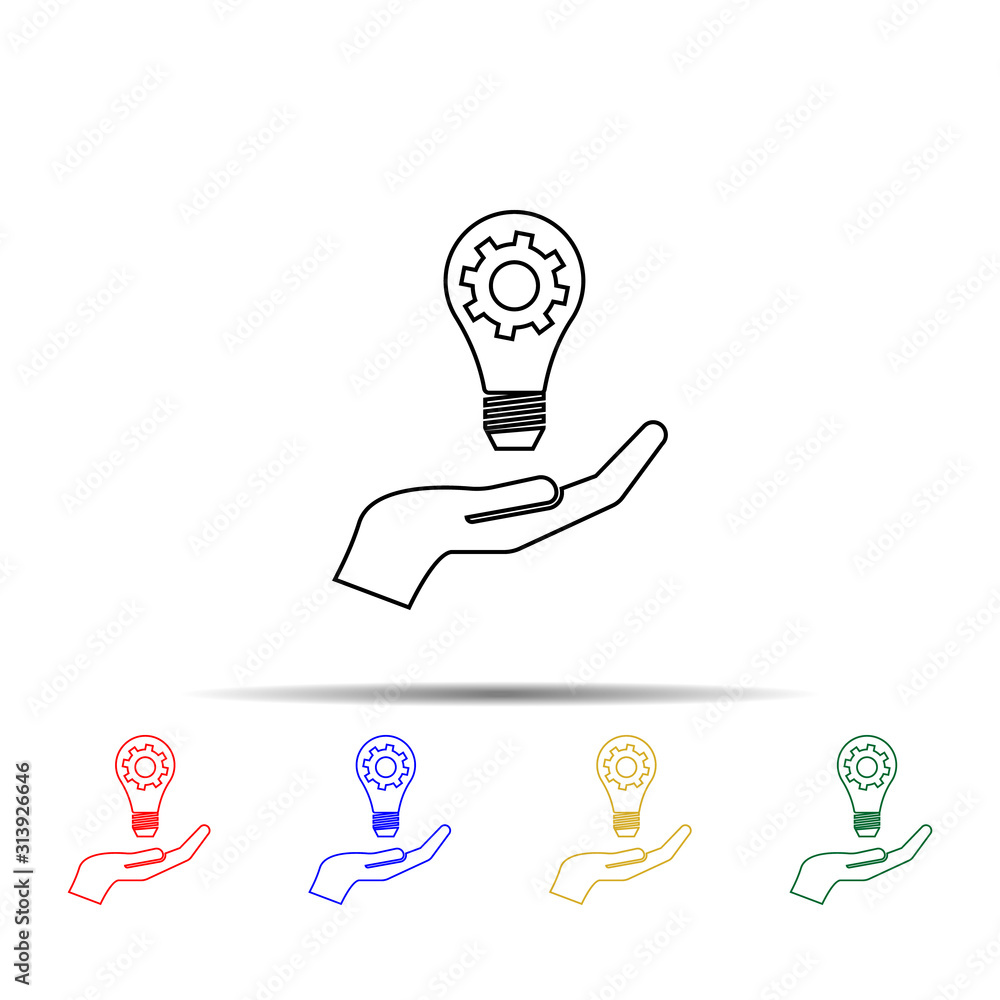 Poster light lamp bulb with cogwheel gear in hand multi color style icon. simple thin line, outline vector 