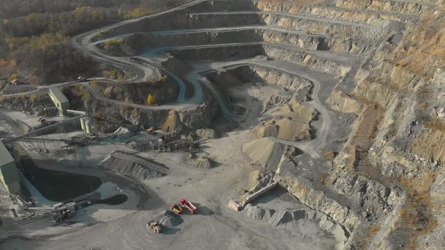 Drone shot of quarry. Open pit mine where stone, rock and sand is excavated. Aerial shot of quarry. Open-pit mine in which dimension stone, rock, construction aggregate, riprap, sand, gravel, or slate