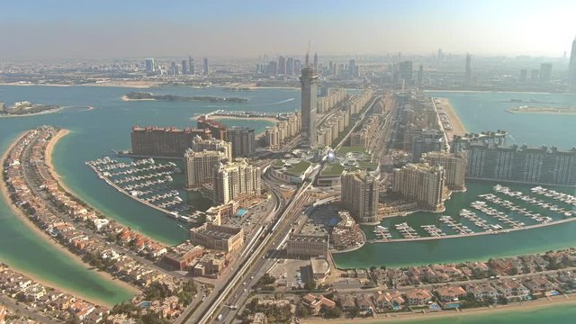 Aerial view to city from the Palm Jumeirah island in Dubai, UAE