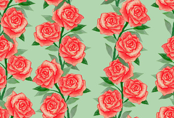 Roses seamless pattern on a green background. Oil painting.