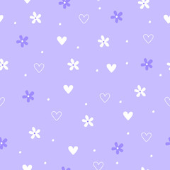 Vector graphics. Adorable, cute pattern with flowers and hearts. Light background. Romantic background template. 