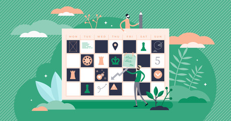 Planning vector illustration. Monthly schedule in flat tiny persons concept