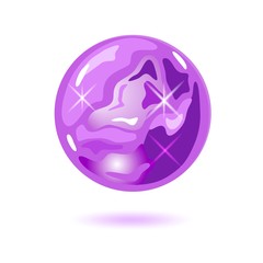 Amazing round shape amethyst. Cristal magic ball. Purple natural gemstone, precious stone vector illustration isolated on white background for gemmological, geological, mineralogical projects.