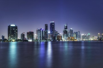 Fototapeta na wymiar urban city skyline at night, brickell, miami florida, long exposure