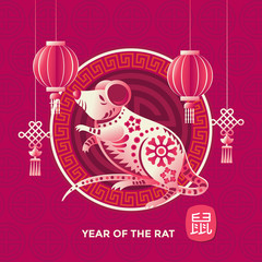 Happy Chinese new year 2020 Zodiac Rat with gold color and red. Chinese translate mean rat zodiac