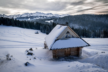 wooden house in the mountains during the winter. Background or wallpaper