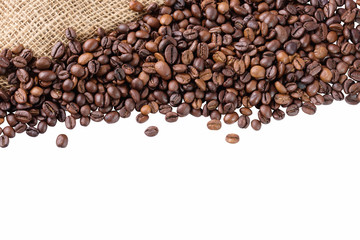 Black arabica, robusta coffee  beans isolated on white background with free copyspace for text