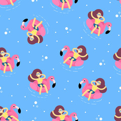 vector illustration pattern blue and pink background with business theme for printing on fabric. Freelancer girl with a phone sunbathes on a pink flamingo