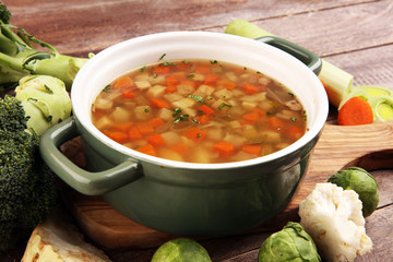 Soup, Vegetable Soup, Bowl. Traditional hot veggie soup