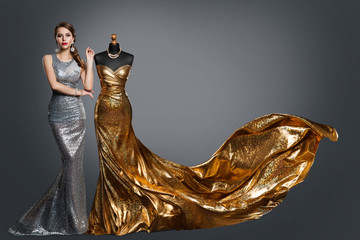 Woman Evening Dress, Fashion Gown on Tailor Dummy, Elegant Gold Silver Clothes Models