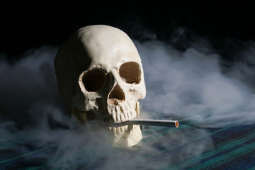 Human skull with smoke and a cigarette in the mouth and dark background