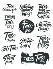 Fototapeta premium Set Taco. Vector illustration. Promotion sign graphic ptint. Traditional mexican cuisine. Hand drawn black text isolated on white background.