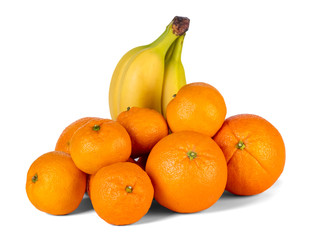 bananas, oranges and tangerines isolated on white background.