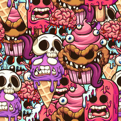 Monster desserts seamless pattern cartoon. Vector clip art illustration with simple gradients. Some elements on separate layers.