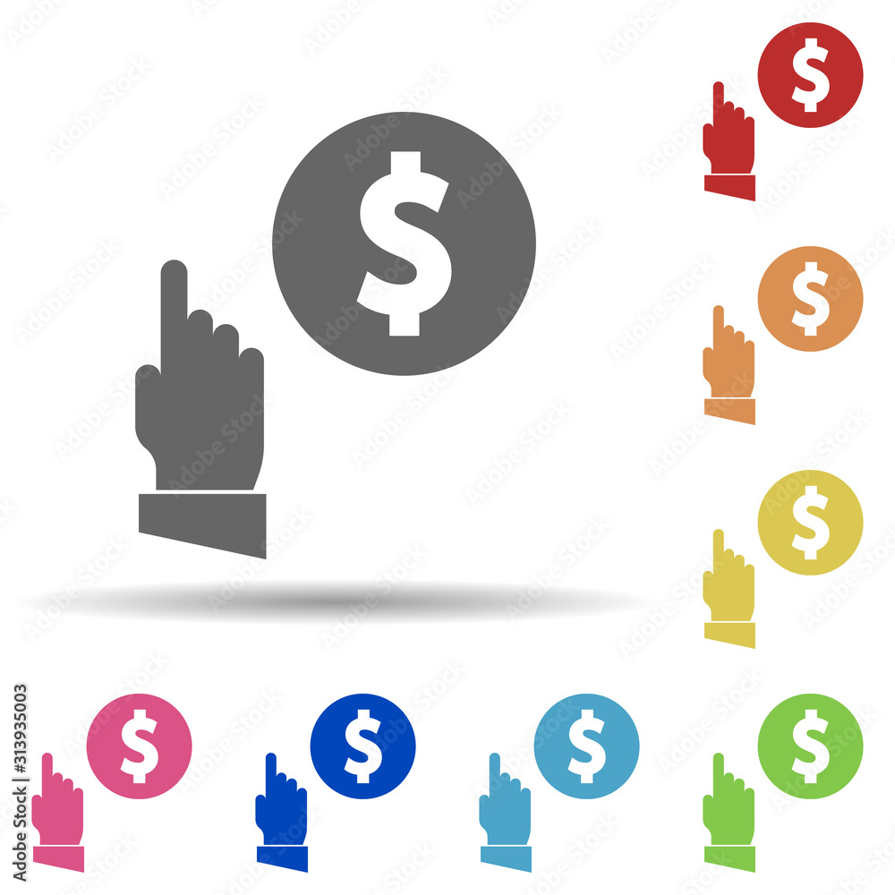 Poster hand, dollar, pay per click in multi color style icon. simple glyph, flat vector of business icons f