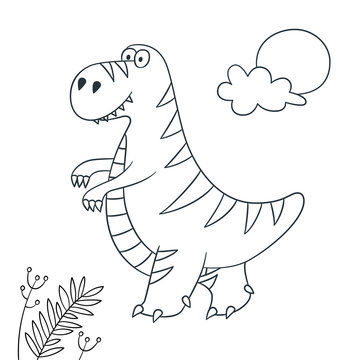 Cute dinosaur. Dino Tyrannosaurus Rex. Vector illustration in doodle and cartoon style for coloring books and prints. Hand drawn. Black and white