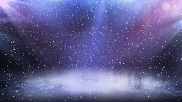 Empty winter background and empty ice rink with lights in 4K. Falling snow
