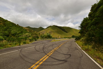 Tire marks on the road in Manawatu Gorge road closed