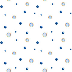 Polka dot seamless pattern Watercolor Christmas ball from trend classic blue crystal with gold element on white background. Fashion trendy colors brilliant, rhinestones. Beautiful bright jewelry shape