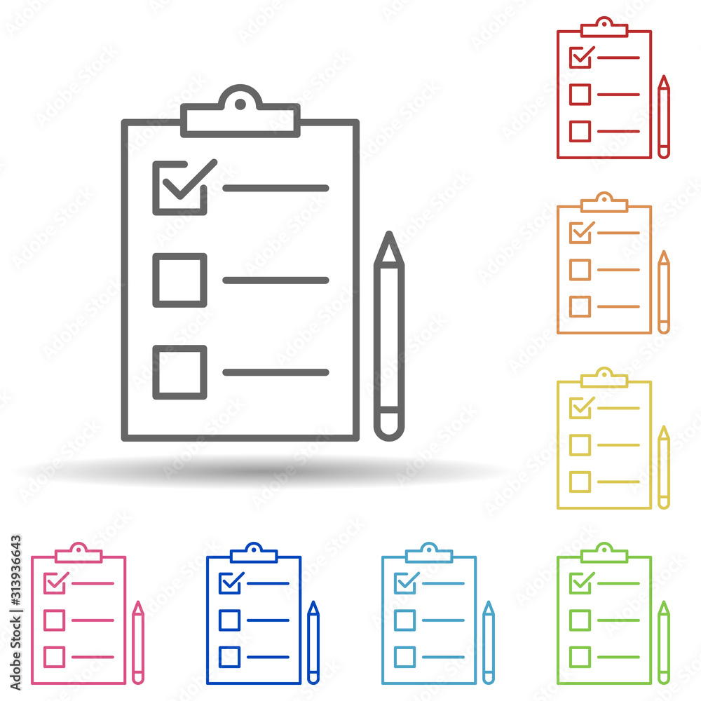 Poster paper, check, pen in multi color style icon. simple thin line, outline vector of business icons for 