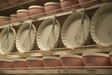 Pink and white pie pan pastry whisk
