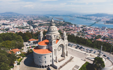 Aerial view of Viana do Castelo, Norte Region, Portugal, with Basilica Santa Luzia Church, shot...