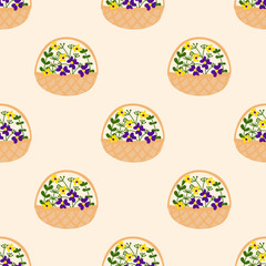 Vector seamless pattern with doodles of flowers and plants in wicker baskets. Flat drawing style. Purple, yellow, blue colors