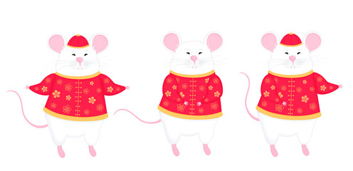 Happy Chinese New Year 2020. Set of white rats or mice in suits isolated on white background
