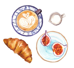 Watercolor hand painted breakfast cappuccino coffee cup, figs and croissants illustration set isolated on white background
