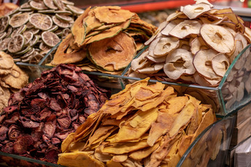Dried fruits close-up. Counter in front of store. Photo was taken in Turkey.