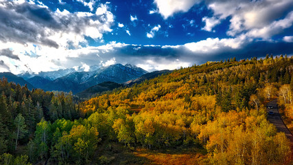 Spectacular fall colors are captured among the aspen trees by drone in the mountains of Utah.