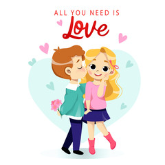 Young cartoon couple is kissing romantically, hugging each other. Place for text. Flat style. Vector illustration