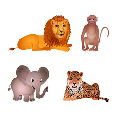 Set of different animal isolated on the white background. Lion, monkey, elephant, tiger. Flat style. Vector illustration