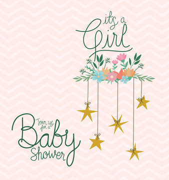 Its a girl text with stars leaves and flowers vector design