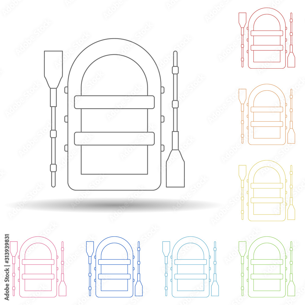 Poster inflatable boat colored in multi color style icon. simple thin line, outline vector of camping icons