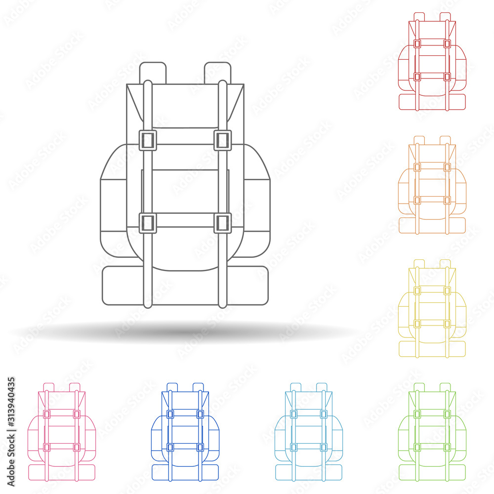 Poster camping backpack colored in multi color style icon. simple thin line, outline vector of camping icon