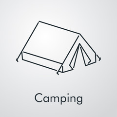 Símbolo camping. Icono plano lineal tienda de acampada en fondo gris