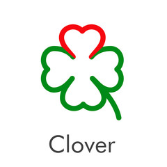 Logotipo abstracto con texto Clover con trébol lineal de 4 hojas en color verde y corazón en color rojo