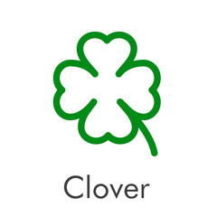 Logotipo abstracto con texto Clover con tr&eacute;bol lineal de 4 hojas en color verde