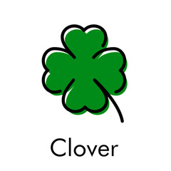 Logotipo abstracto con texto Clover con trébol lineal de 4 hojas con relleno en color verde - obrazy, fototapety, plakaty