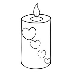 Candle heart ornament. Relaxing environment. Hot flames. Vector. Colorless background. Coloring book for children. Illustration for Valentine day.  Festive print.