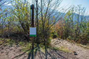 Billboards in the forest of the mountain, free place for your text or image. green screen. Blank white street sign with a copy space area. gaintboard advertising mockup. 