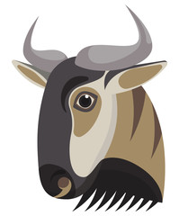 Blue wildebeest portrait made in unique simple cartoon style. Vector head of wildebeest. Isolated icon for your design. Vector illustration