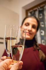 People having fun together toasting drinks in the home kitchen. Happy and smiling woman toasts with flute of sparkling wine (champagne). Focus on central glass. Friendship, love and family concept.